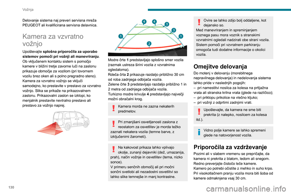 Peugeot Partner 2020 Priročnik za lastnika (in Slovenian) 130
Vožnja
Pregled nad okolico
zadnjega dela vozila
Upoštevajte splošna priporočila za uporabo
sistemov pomoči pri vožnji ali manevriranju .
Ob vključenem kontaktu sistem s pomočjo dveh
kam Peugeot Partner 2020 Priročnik za lastnika (in Slovenian) 130
Vožnja
Pregled nad okolico
zadnjega dela vozila
Upoštevajte splošna priporočila za uporabo
sistemov pomoči pri vožnji ali manevriranju .
Ob vključenem kontaktu sistem s pomočjo dveh
kam