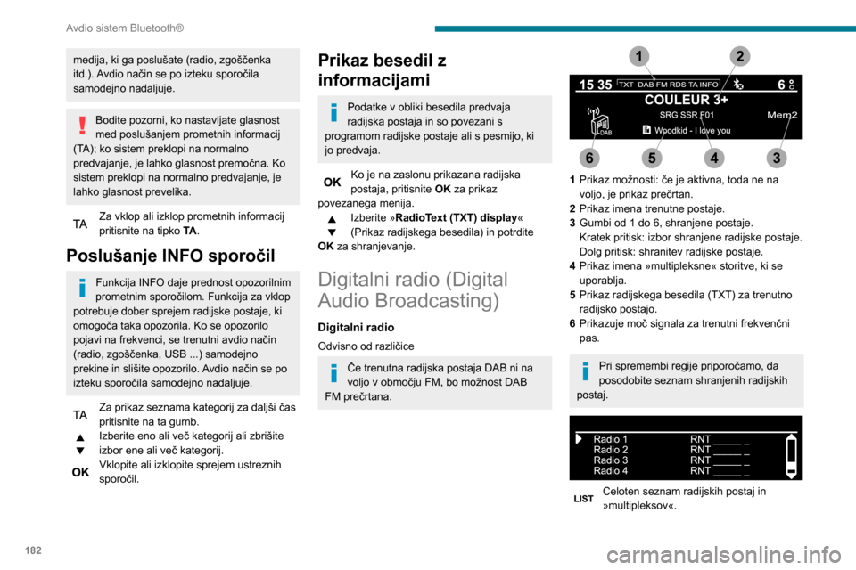 Peugeot Partner 2020 Priročnik za lastnika (in Slovenian) 182
Avdio sistem Bluetooth®
Digitalni radio
Digitalni radio omogoča boljšo kakovost
zvoka in dodatne kategorije prometnih
informacij (TA INFO).
Različne multipleksne skupine omogočajo
izbiro r Peugeot Partner 2020 Priročnik za lastnika (in Slovenian) 182
Avdio sistem Bluetooth®
Digitalni radio
Digitalni radio omogoča boljšo kakovost
zvoka in dodatne kategorije prometnih
informacij (TA INFO).
Različne multipleksne skupine omogočajo
izbiro r