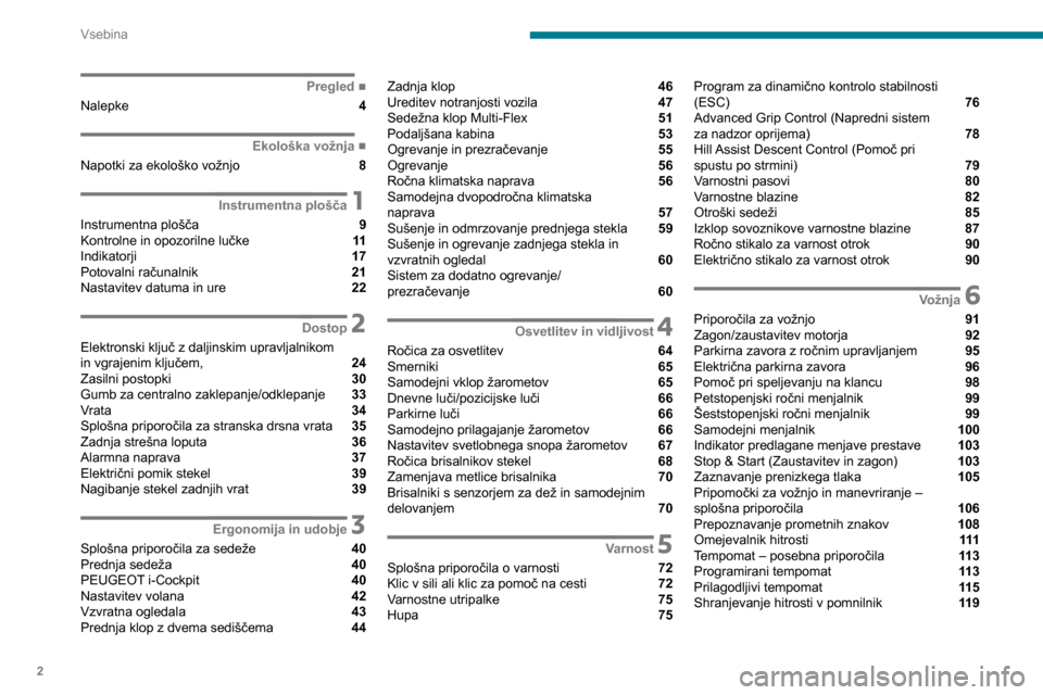 Peugeot Partner 2020  Priročnik za lastnika (in Slovenian) 2
Vsebina
 
 
 
 
 
 
 
   ■
Pregled
Nalepke  4
  ■
Ekološka vožnja
Napotki za ekološko vožnjo  8
 1Instrumentna plošča
Instrumentna plošča  9
Kontrolne in opozorilne lučke  11
Indika