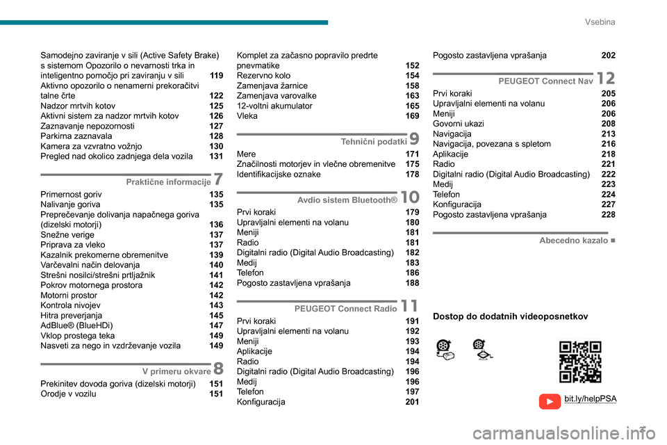 Peugeot Partner 2020  Priročnik za lastnika (in Slovenian) 3
Vsebina
  
  
bit.ly/helpPSA
 
 
 
Samodejno zaviranje v sili (Active Safety Brake) 
s sistemom Opozorilo o nevarnosti trka in 
inteligentno pomočjo pri zaviranju v sili 
 11 9
Aktivno opozorilo o 