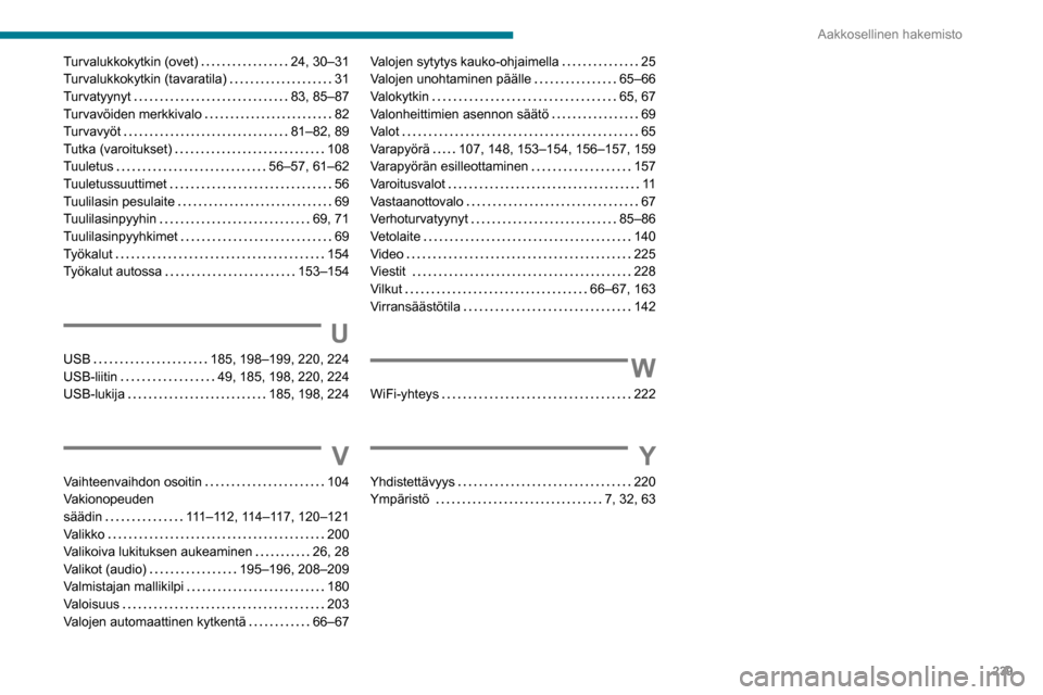 Peugeot Partner 2020 Omistajan käsikirja (in Finnish) 239
Aakkosellinen hakemisto
Turvalukkokytkin (ovet) 24, 30–31
Turvalukkokytkin (tavaratila)
31
Turvatyynyt
83, 85–87
Turvavöiden merkkivalo
82
Turvavyöt
81–82, 89
Peugeot Partner 2020 Omistajan käsikirja (in Finnish) 239
Aakkosellinen hakemisto
Turvalukkokytkin (ovet) 24, 30–31
Turvalukkokytkin (tavaratila)
31
Turvatyynyt
83, 85–87
Turvavöiden merkkivalo
82
Turvavyöt
81–82, 89