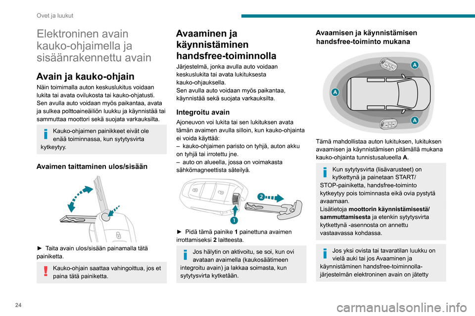 Peugeot Partner 2020  Omistajan käsikirja (in Finnish) 24
Ovet ja luukut
Elektroninen avain 
kauko-ohjaimella ja 
sisäänrakennettu avain
Avain ja kauko-ohjain
Näin toimimalla auton keskuslukitus voidaan 
lukita tai avata ovilukosta tai kauko-ohjatusti.