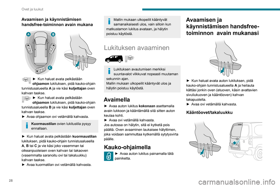 Peugeot Partner 2020  Omistajan käsikirja (in Finnish) 28
Ovet ja luukut
Avaamisen ja käynnistämisen handsfree-toiminnon avain mukana
 
 
►  Kun haluat avata pelkästään ohjaamon
 lukituksen, pidä kauko-ohjain 
tunnistusalueella  A ja vie