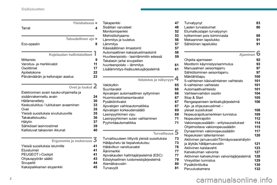 Peugeot Partner 2020  Omistajan käsikirja (in Finnish) 2
Sisällysluettelo
 
 
 
 
 
 
 
   ■
Yleiskatsaus
Tarrat  4
  ■
Taloudellinen ajo
Eco-opastin  8
 1Kojelaudan hallintalaitteet
Mittaristo  9
Varoitus- ja merkkivalot  11
Osoittimet  17
Ajoti