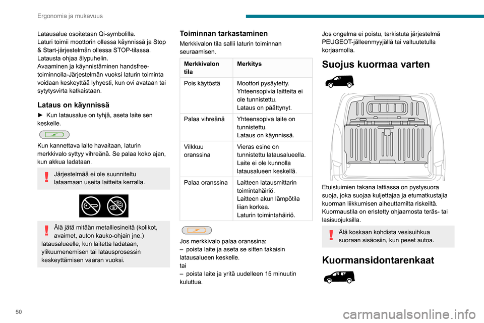 Peugeot Partner 2020 Omistajan käsikirja (in Finnish) 50
Ergonomia ja mukavuus
Latausalue osoitetaan Qi-symbolilla.
Laturi toimii moottorin ollessa käynnissä ja Stop
& Start-järjestelmän ollessa STOP-tilassa.
Latausta ohjaa älypuhelin.
Avaaminen ja Peugeot Partner 2020 Omistajan käsikirja (in Finnish) 50
Ergonomia ja mukavuus
Latausalue osoitetaan Qi-symbolilla.
Laturi toimii moottorin ollessa käynnissä ja Stop
& Start-järjestelmän ollessa STOP-tilassa.
Latausta ohjaa älypuhelin.
Avaaminen ja