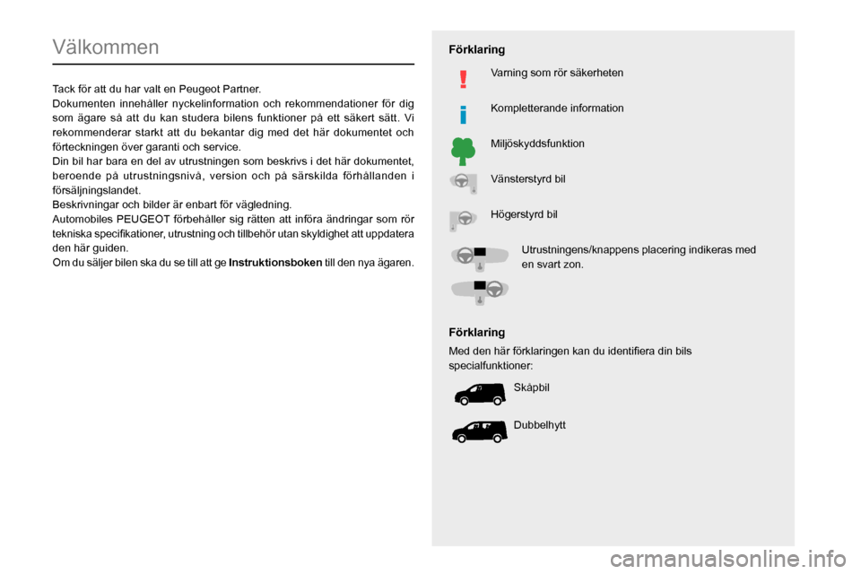 Peugeot Partner 2020  Ägarmanual (in Swedish)   
 
 
 
 
 
  
  
   
   
 
  
 
  
 
 
 
   
 
 
  
Välkommen
Tack för att du har valt en Peugeot Partner.Dokumenten innehåller nyckelinformation och rekommendationer för d\
ig 
som ägare så a