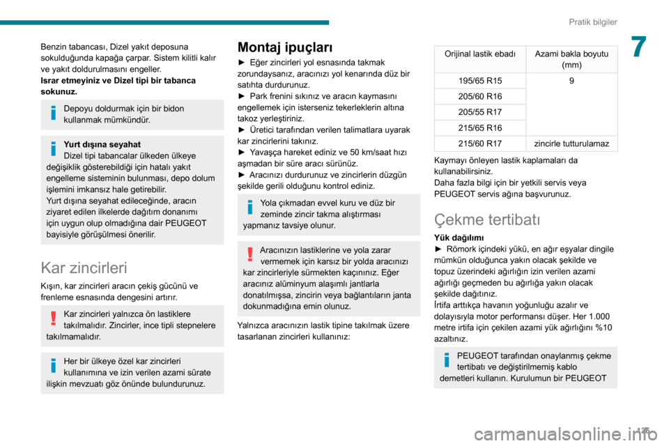 Peugeot Partner 2020 Kullanım Kılavuzu (in Turkish) 135
Pratik bilgiler
7Benzin tabancası, Dizel yakıt deposuna
sokulduğunda kapağa çarpar. Sistem kilitli kalır
ve yakıt doldurulmasını engeller.
Israr etmeyiniz ve Dizel tipi bir tabanca
sok Peugeot Partner 2020 Kullanım Kılavuzu (in Turkish) 135
Pratik bilgiler
7Benzin tabancası, Dizel yakıt deposuna
sokulduğunda kapağa çarpar. Sistem kilitli kalır
ve yakıt doldurulmasını engeller.
Israr etmeyiniz ve Dizel tipi bir tabanca
sok