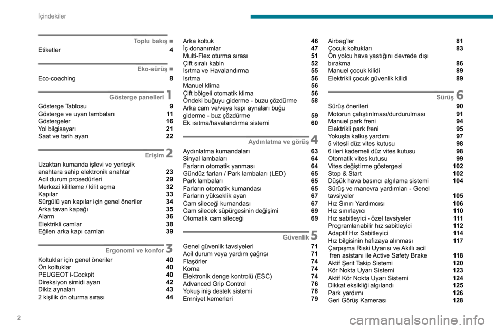 Peugeot Partner 2020  Kullanım Kılavuzu (in Turkish) 2
İçindekiler
 
 
 
 
 
 
 
   ■
Toplu bakış
Etiketler  4
  ■
Eko-sürüş
Eco-coaching  8
 1Gösterge panelleri
Gösterge Tablosu  9
Gösterge ve uyarı lambaları  11
Göstergeler  16
Yo