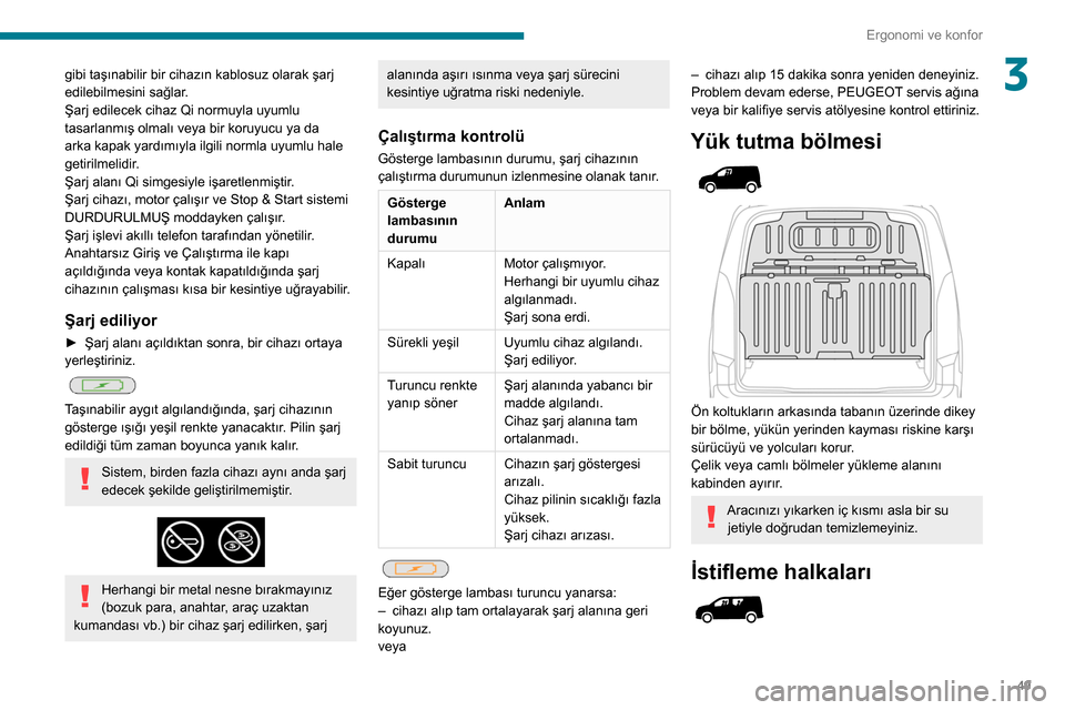 Peugeot Partner 2020  Kullanım Kılavuzu (in Turkish) 49
Ergonomi ve konfor
3gibi taşınabilir bir cihazın kablosuz olarak şarj 
edilebilmesini sağlar.
Şarj edilecek cihaz Qi normuyla uyumlu 
tasarlanmış olmalı veya bir koruyucu ya da 
arka kapak