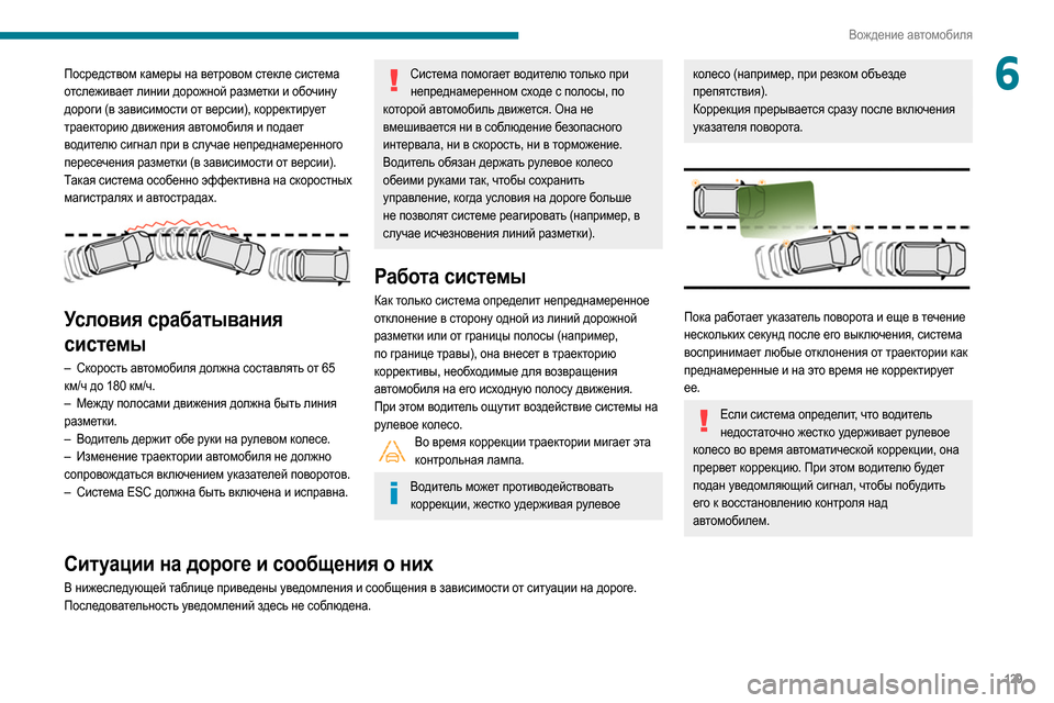 Peugeot Partner 2020 Инструкция по эксплуатации (in Russian) 129
Вождение автомобиля
6Посредством камеры на ветровом стекле система
отслеживает линии дорожной разметки и Peugeot Partner 2020 Инструкция по эксплуатации (in Russian) 129
Вождение автомобиля
6Посредством камеры на ветровом стекле система
отслеживает линии дорожной разметки и