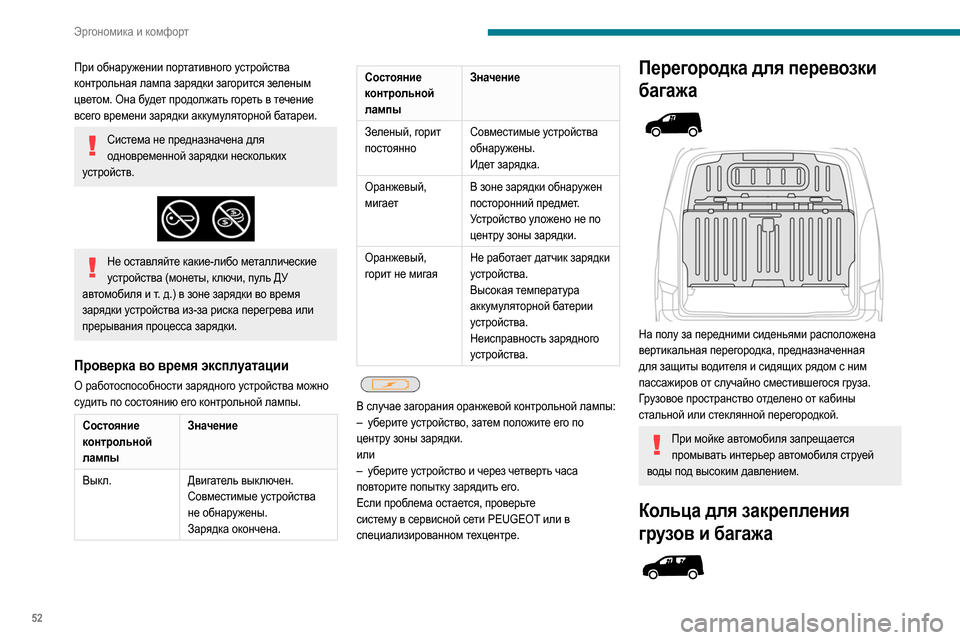 Peugeot Partner 2020 Инструкция по эксплуатации (in Russian) 52
Эргономика и комфорт
При обнаружении портативного устройства
контрольная лампа зарядки загорится зелены Peugeot Partner 2020 Инструкция по эксплуатации (in Russian) 52
Эргономика и комфорт
При обнаружении портативного устройства
контрольная лампа зарядки загорится зелены
