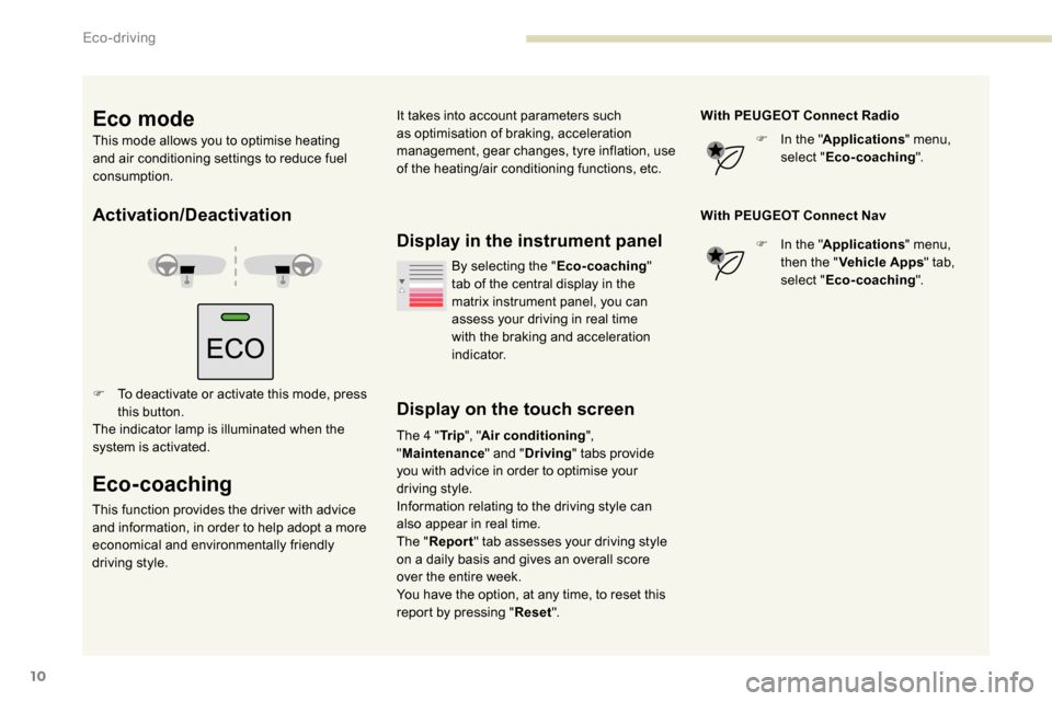 Peugeot Partner 2019  Owners Manual 10
Activation/Deactivation
F To deactivate or activate this mode, press this button.
The indicator lamp is illuminated when the 
system is activated.
Eco-coaching
This function provides the driver wit