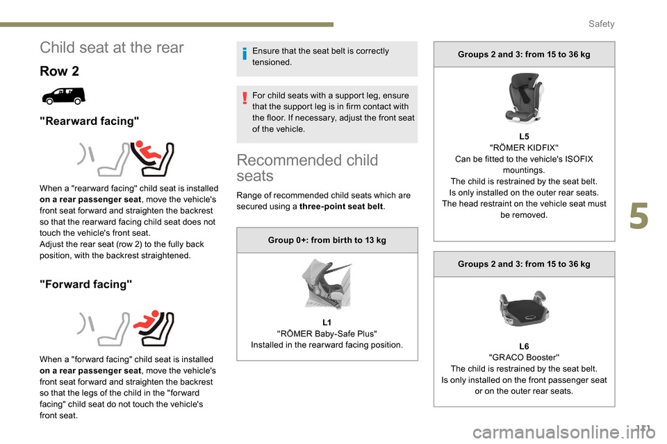 Peugeot Partner 2019  Owners Manual 111
Child seat at the rear
Row 2
"Rearward facing"
"Forward facing"
Ensure that the seat belt is correctly 
tensioned.
For child seats with a support leg, ensure 
that the support leg is in firm conta