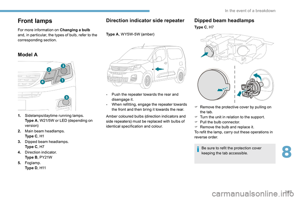 Peugeot Partner 2019  Owners Manual 197
Front lamps
For more information on Changing a bulb 
and, in particular, the types of bulb, refer to the 
corresponding section.
Model A Direction indicator side repeater
Ty p e  A
, W Y5W-5W (amb