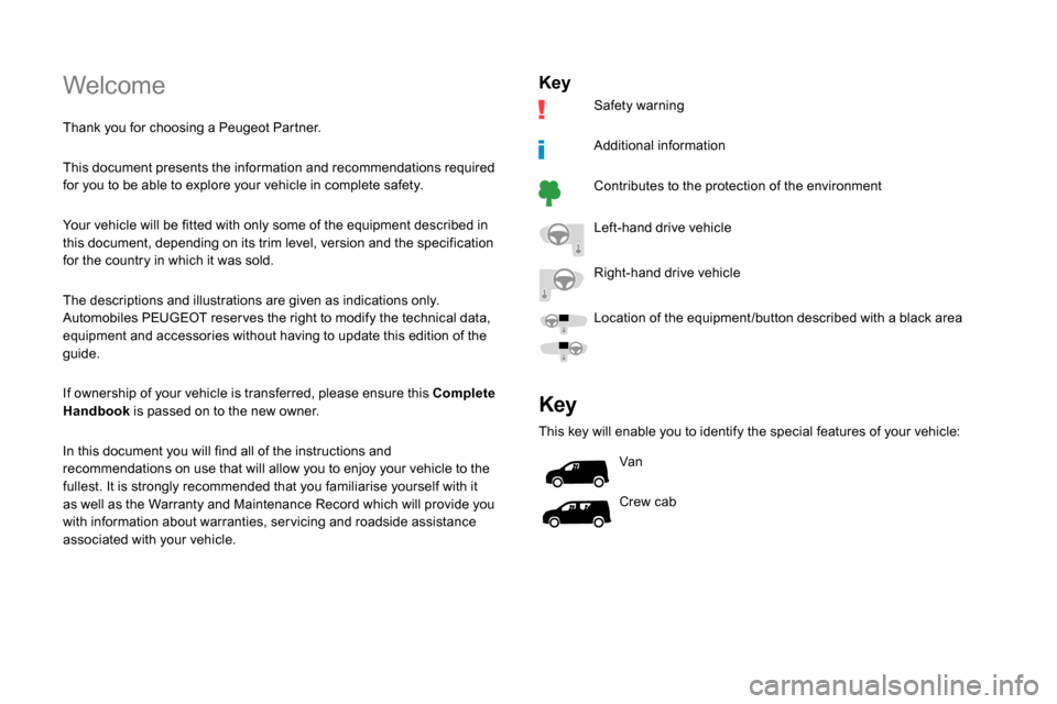 Peugeot Partner 2019  Owners Manual Welcome
Thank you for choosing a Peugeot Partner.
This document presents the information and recommendations required 
for you to be able to explore your vehicle in complete safety.
Your vehicle will 