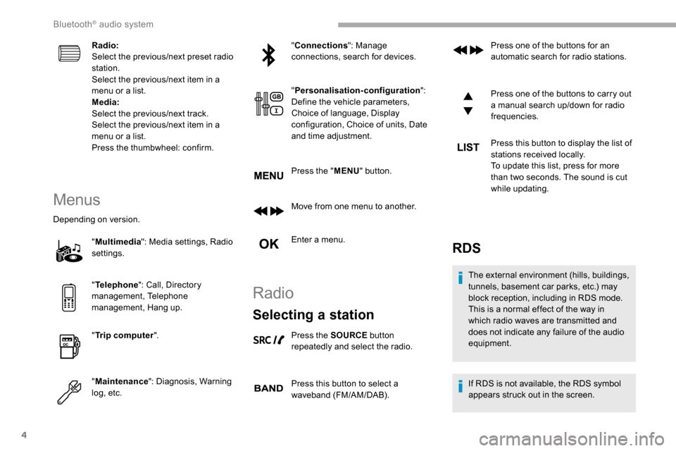 Peugeot Partner 2019  Owners Manual 4
Radio:
Select the previous/next preset radio 
station.
Select the previous/next item in a 
menu or a list.
Media:
Select the previous/next track.
Select the previous/next item in a 
menu or a list.
