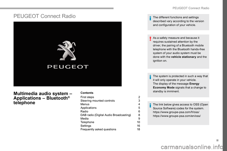 Peugeot Partner 2019  Owners Manual 1
PEUGEOT Connect Radio
Multimedia audio system – 
Applications – Bluetooth® 
telephone
Contents
First steps
 
2
S

teering mounted controls  
3
M

enus  
4
A

pplications
 
 5
Radio
  6
DAB radi