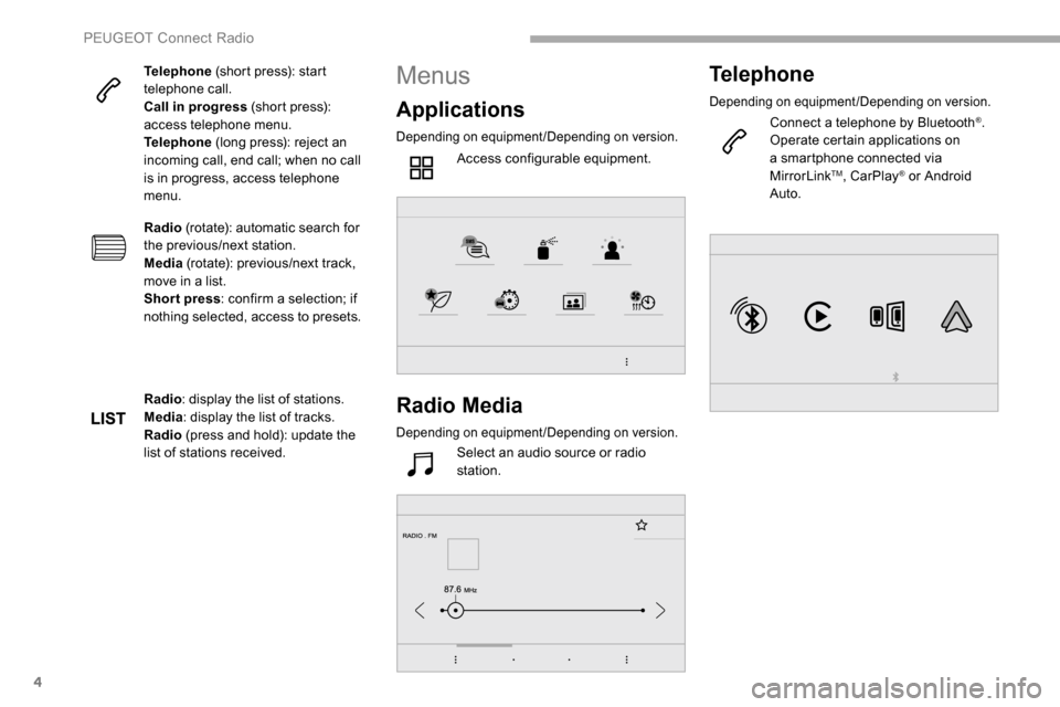 Peugeot Partner 2019 Owners Manual 4
Telephone (short press): start
telephone call.
Call in progress (short press):
access telephone menu.
Telephone (long press): reject an
incoming call, end call; when no call
is in progress, ac Peugeot Partner 2019 Owners Manual 4
Telephone (short press): start
telephone call.
Call in progress (short press):
access telephone menu.
Telephone (long press): reject an
incoming call, end call; when no call
is in progress, ac
