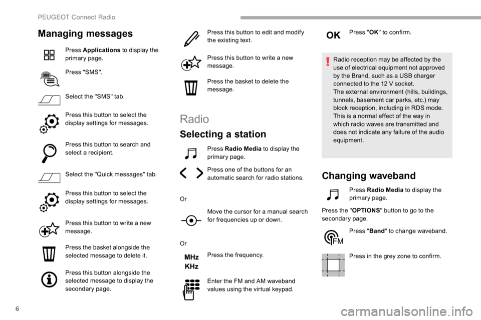 Peugeot Partner 2019 Owners Manual 6
Managing messages
Press Applications to display the
primary page.
Press "SMS".
Select the "SMS" tab.
Press this button to select the
display settings for messages.
Press this button to search and Peugeot Partner 2019 Owners Manual 6
Managing messages
Press Applications to display the
primary page.
Press "SMS".
Select the "SMS" tab.
Press this button to select the
display settings for messages.
Press this button to search and