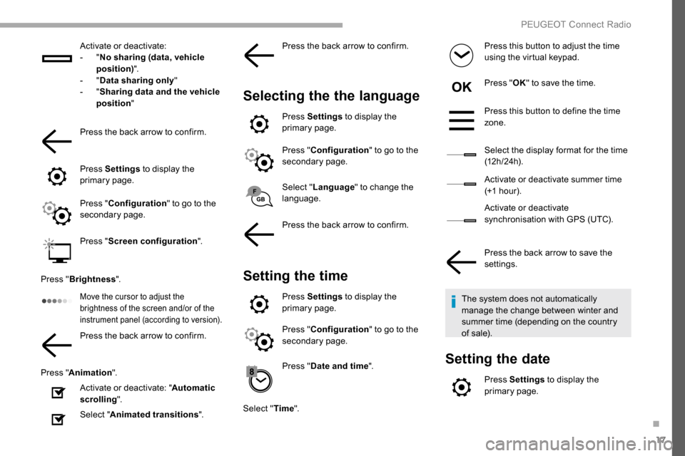 Peugeot Partner 2019  Owners Manual 17
Activate or deactivate:
-  "No sharing (data, vehicle 
position) ".
-
  "Data sharing only "
-
  "Sharing data and the vehicle 
position "
Press the back arrow to confirm.
Press Settings  to displa