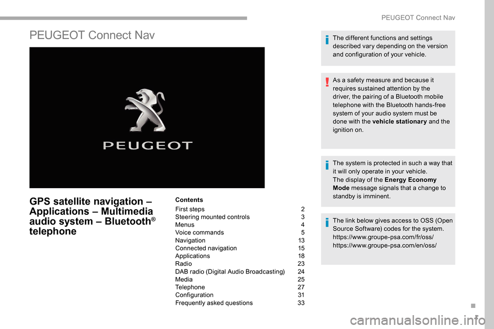 Peugeot Partner 2019 Owners Manual 1
PEUGEOT Connect Nav
GPS satellite navigation –
Applications – Multimedia
audio system – Bluetooth
®
telephone
Contents
First steps
2
S
teering mounted controls
3
M
enus
4
V
oice c Peugeot Partner 2019 Owners Manual 1
PEUGEOT Connect Nav
GPS satellite navigation –
Applications – Multimedia
audio system – Bluetooth
®
telephone
Contents
First steps
2
S
teering mounted controls
3
M
enus
4
V
oice c
