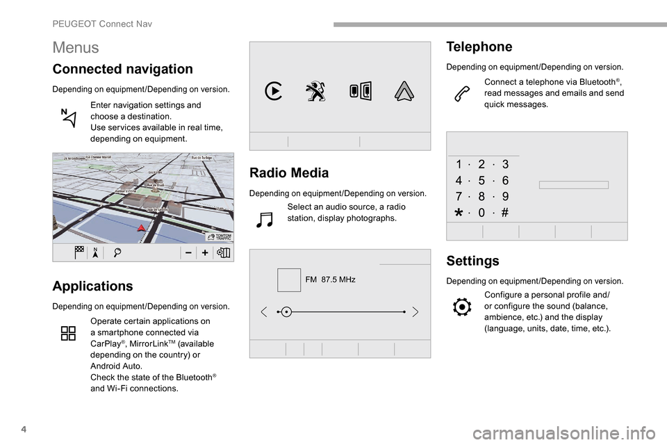 Peugeot Partner 2019  Owners Manual 4
FM  87.5 MHz
Radio Media
Depending on equipment/Depending on version.
Select an audio source, a radio 
station, display photographs.
Telephone
Depending on equipment/Depending on version.
Connect a 