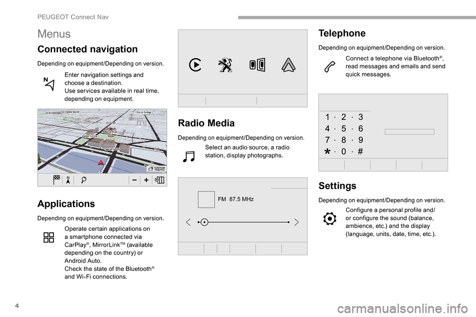 Peugeot Partner 2019 Owners Manual 4
FM 87.5 MHz
Radio Media
Depending on equipment/Depending on version.
Select an audio source, a radio
station, display photographs.
Telephone
Depending on equipment/Depending on version.
Connect a Peugeot Partner 2019 Owners Manual 4
FM 87.5 MHz
Radio Media
Depending on equipment/Depending on version.
Select an audio source, a radio
station, display photographs.
Telephone
Depending on equipment/Depending on version.
Connect a