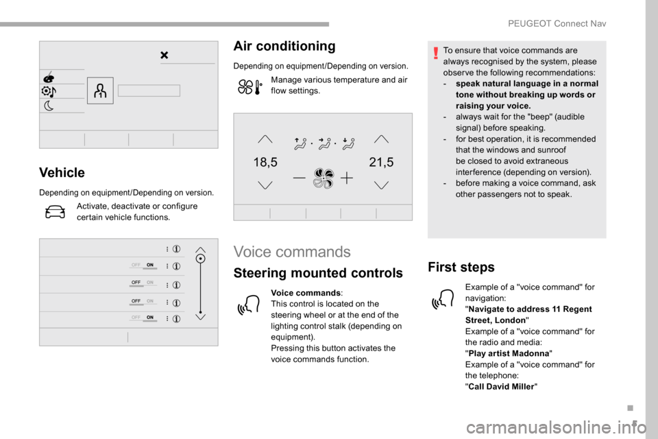 Peugeot Partner 2019  Owners Manual 5
21,518,5Vehicle
Depending on equipment/Depending on version.
Activate, deactivate or configure 
certain vehicle functions.
Air conditioning
Depending on equipment/Depending on version.
Manage variou