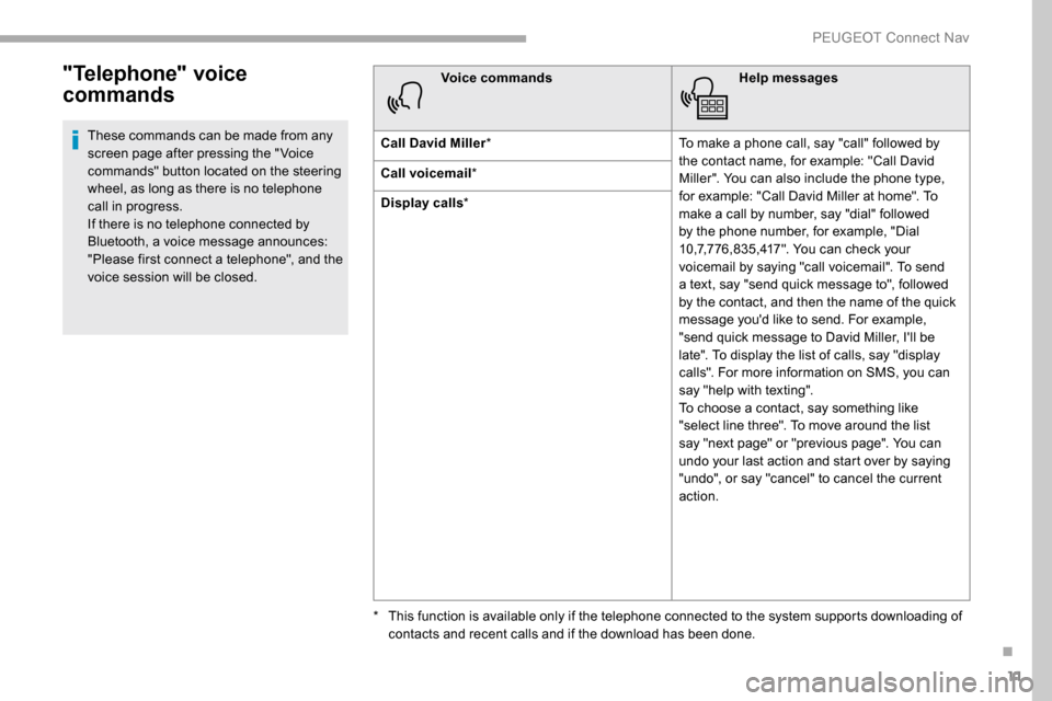 Peugeot Partner 2019  Owners Manual 11
"Telephone" voice 
commands
These commands can be made from any 
screen page after pressing the " Voice 
commands" button located on the steering 
wheel, as long as there is no telephone 
call in p