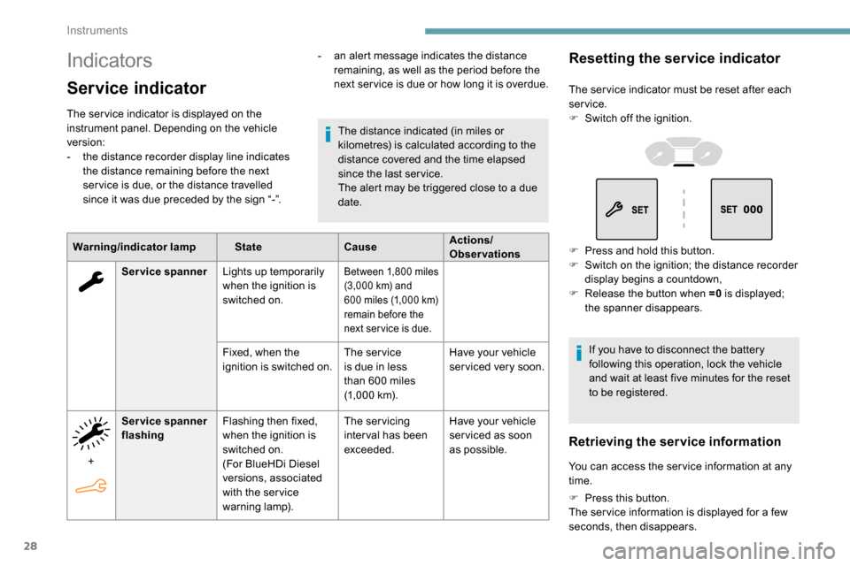 Peugeot Partner 2019  Owners Manual 28
Indicators
Service indicator
The ser vice indicator is displayed on the 
instrument panel. Depending on the vehicle 
version:
- 
t
 he distance recorder display line indicates 
the distance remaini