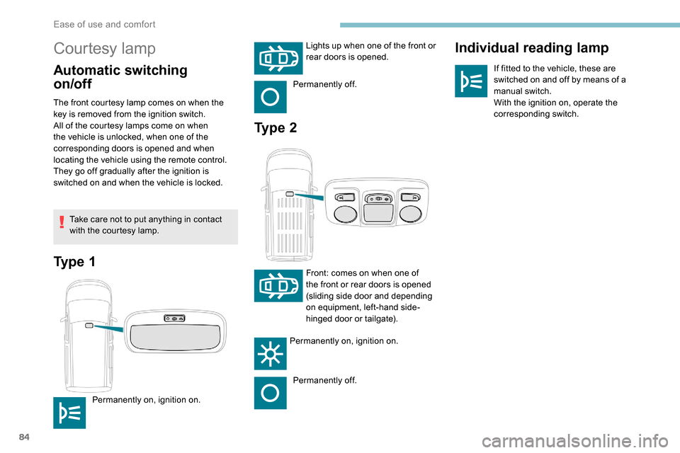 Peugeot Partner 2019 Owners Guide 84
Courtesy lamp
Automatic switching 
on/of fIndividual reading lampIf fitted to the vehicle, these are 
switched on and off by means of a 
manual switch.
With the ignition on, operate the 
correspond