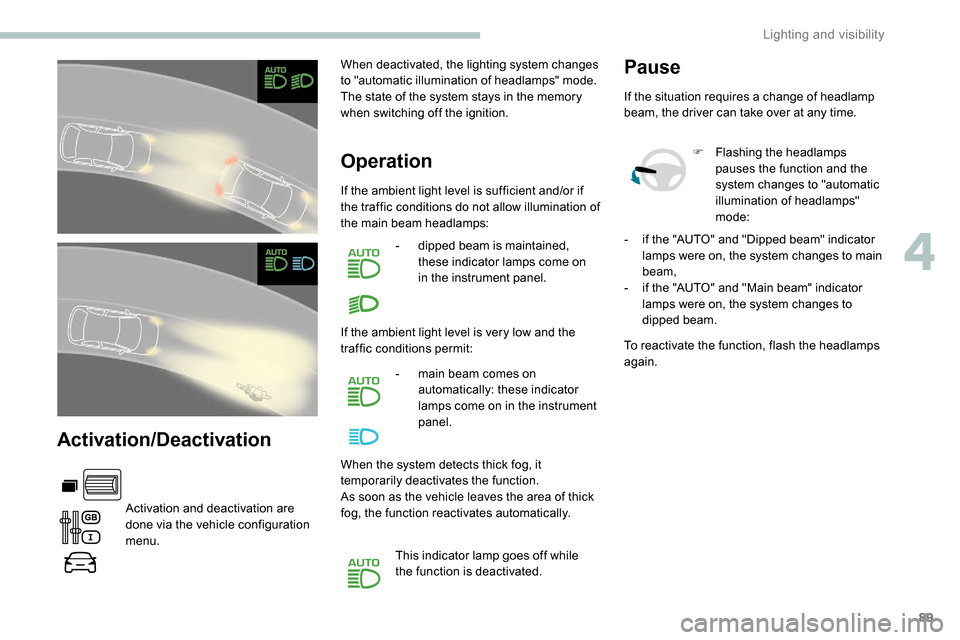 Peugeot Partner 2019  Owners Manual 89
Activation/Deactivation
Activation and deactivation are 
done via the vehicle configuration 
menu.When deactivated, the lighting system changes 
to "automatic illumination of headlamps" mode.
The s