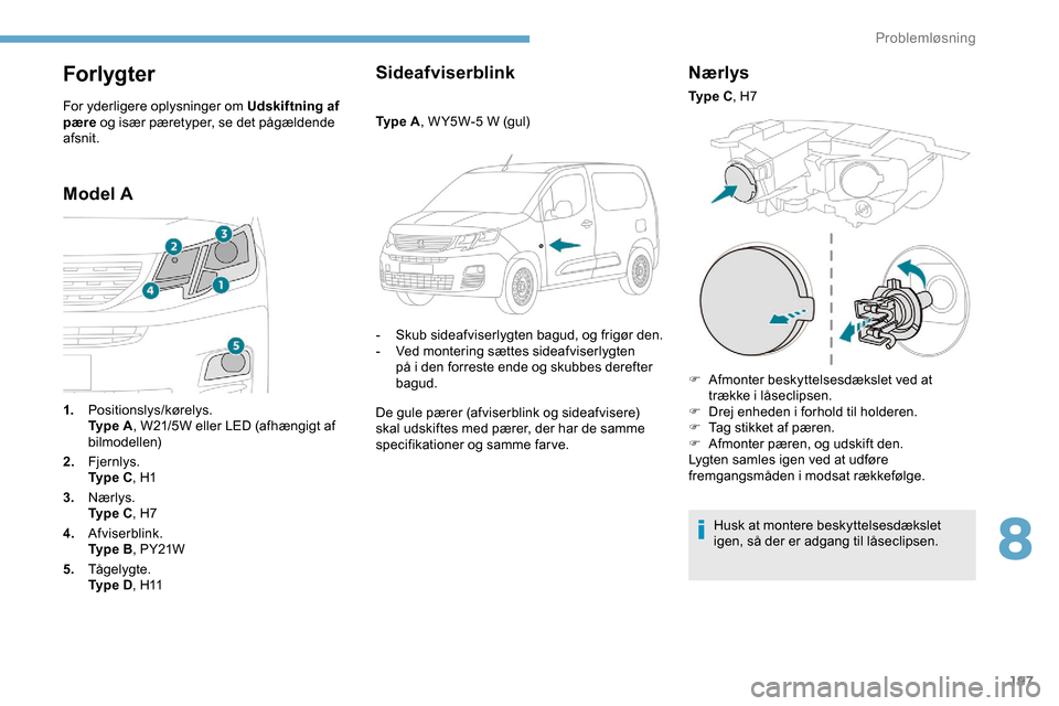 Peugeot Partner 2019 Instruktionsbog (in Danish) 197
Forlygter
For yderligere oplysninger om Udskiftning af
pære og især pæretyper, se det pågældende
afsnit.
Model A Sideafviserblink
Ty p e A
, W Y5W-5 W (gul)
-
S
kub sideafviserlygten Peugeot Partner 2019 Instruktionsbog (in Danish) 197
Forlygter
For yderligere oplysninger om Udskiftning af
pære og især pæretyper, se det pågældende
afsnit.
Model A Sideafviserblink
Ty p e A
, W Y5W-5 W (gul)
-
S
kub sideafviserlygten