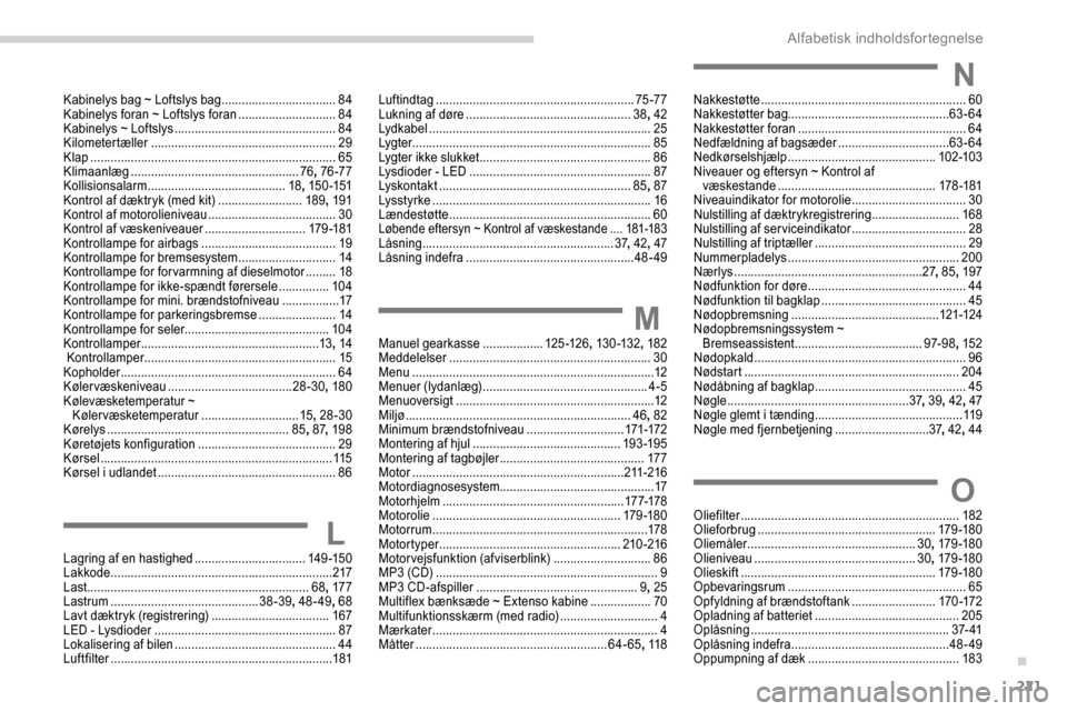 Peugeot Partner 2019 Instruktionsbog (in Danish) 221
Kabinelys bag ~ Loftslys bag ..................................84
K abinelys foran ~ Loftslys foran .............................84
Kabinelys ~ Loftslys
........................................ Peugeot Partner 2019 Instruktionsbog (in Danish) 221
Kabinelys bag ~ Loftslys bag ..................................84
K abinelys foran ~ Loftslys foran .............................84
Kabinelys ~ Loftslys
........................................