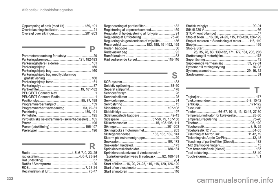 Peugeot Partner 2019 Instruktionsbog (in Danish) 222
Oppumpning af dæk (med kit) ......................18 9, 191
Overbelastningsindikator ........................................21
Oversigt over sikringer
...................................201- Peugeot Partner 2019 Instruktionsbog (in Danish) 222
Oppumpning af dæk (med kit) ......................18 9, 191
Overbelastningsindikator ........................................21
Oversigt over sikringer
...................................201-