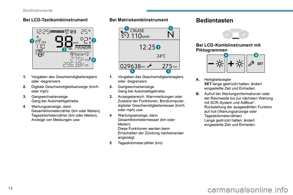 Peugeot Partner 2019 Betriebsanleitung (in German) 12
Bei LCD-Textkombiinstrument
1.Vorgaben des Geschwindigkeitsreglers
oder -begrenzers
2. Digitale Geschwindigkeitsanzeige (km/h
oder mph)
3. Gangwechselanzeige
Gang bei Automatikgetriebe
4 Wartungs Peugeot Partner 2019 Betriebsanleitung (in German) 12
Bei LCD-Textkombiinstrument
1.Vorgaben des Geschwindigkeitsreglers
oder -begrenzers
2. Digitale Geschwindigkeitsanzeige (km/h
oder mph)
3. Gangwechselanzeige
Gang bei Automatikgetriebe
4 Wartungs