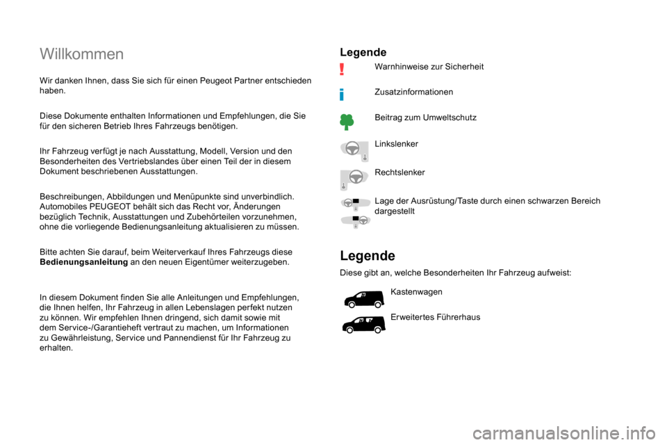 Peugeot Partner 2019  Betriebsanleitung (in German) Willkommen
Wir danken Ihnen, dass Sie sich für einen Peugeot Partner entschieden 
haben.
Diese Dokumente enthalten Informationen und Empfehlungen, die Sie 
für den sicheren Betrieb Ihres Fahrzeugs b