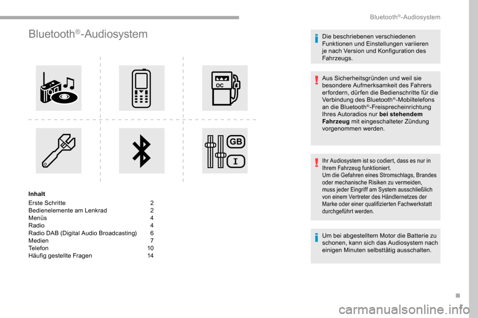 Peugeot Partner 2019 Betriebsanleitung (in German) 1
Bluetooth®-Audiosystem
Inhalt
Erste Schritte
2
B
edienelemente am Lenkrad
2
M
enüs
4
R
adio 4
Radio DAB (Digital Audio Broadcasting)
6
M
edien
7
Telefon
10
Häufig gestellte Frag Peugeot Partner 2019 Betriebsanleitung (in German) 1
Bluetooth®-Audiosystem
Inhalt
Erste Schritte
2
B
edienelemente am Lenkrad
2
M
enüs
4
R
adio 4
Radio DAB (Digital Audio Broadcasting)
6
M
edien
7
Telefon
10
Häufig gestellte Frag