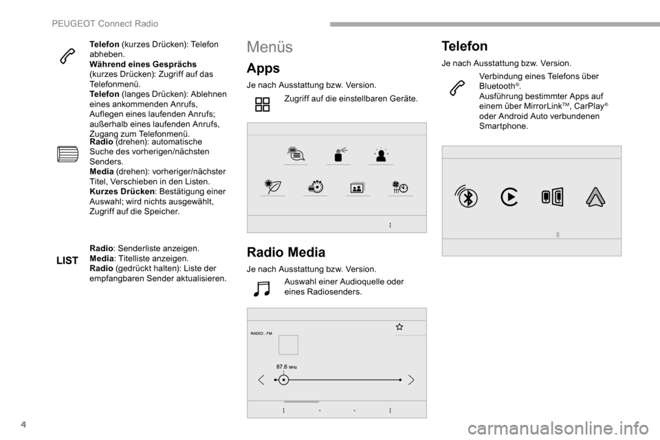Peugeot Partner 2019  Betriebsanleitung (in German) 4
Telefon (kurzes Drücken): Telefon 
abheben.
Während eines Gesprächs  
(kurzes Drücken): Zugriff auf das 
Telefonmenü.
Telefon  (langes Drücken): Ablehnen 
eines ankommenden Anrufs, 
Auflegen e