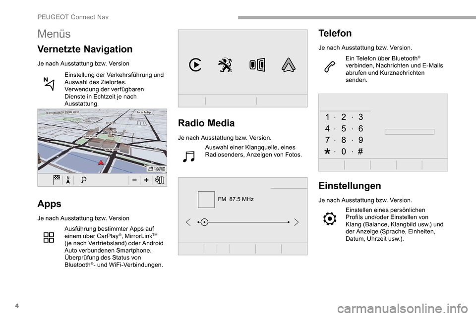 Peugeot Partner 2019  Betriebsanleitung (in German) 4
FM  87.5 MHz
Radio Media
Je nach Ausstattung bzw. Version.Auswahl einer Klangquelle, eines 
Radiosenders, Anzeigen von Fotos.
Telefon
Je nach Ausstattung bzw. Version.
Ein Telefon über Bluetooth
®