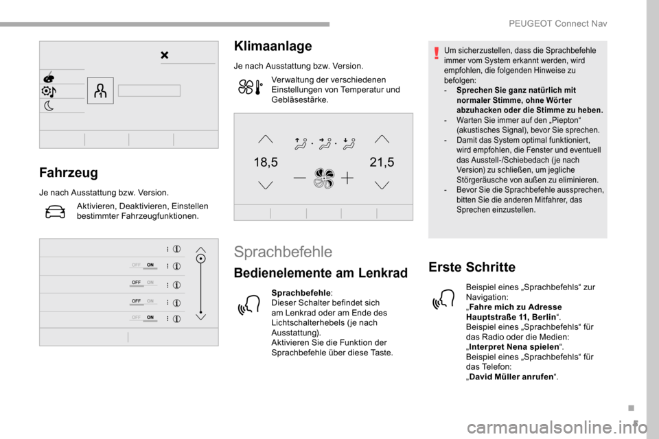 Peugeot Partner 2019  Betriebsanleitung (in German) 5
21,518,5Fahrzeug
Je nach Ausstattung bzw. Version.Aktivieren, Deaktivieren, Einstellen 
bestimmter Fahrzeugfunktionen.
Klimaanlage
Je nach Ausstattung bzw. Version.Verwaltung der verschiedenen 
Eins