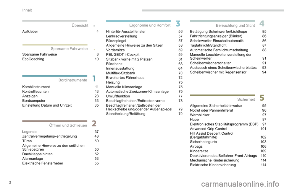 Peugeot Partner 2019  Betriebsanleitung (in German) 2
.
.
Kombiinstrument 11
Kontrollleuchten 1 3
Anzeigen
 

28
Bordcomputer
 

33
Einstellung Datum und Uhrzeit
 
3
 5
Legende
 3

7
Zentralverriegelung/-entriegelung
 

48
Türen
 5

0
Allgemeine Hinwe