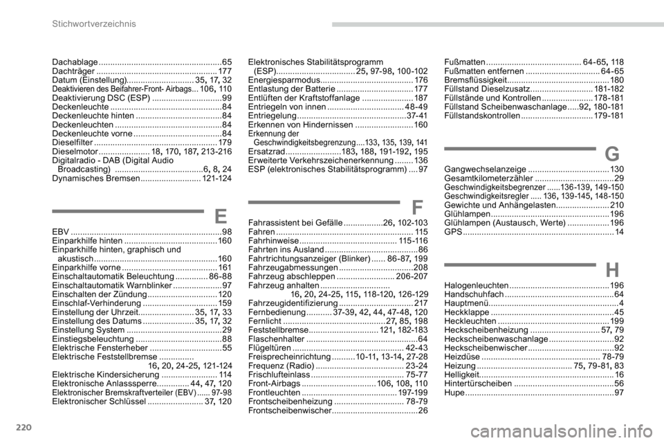 Peugeot Partner 2019  Betriebsanleitung (in German) 220
Dachablage .....................................................65
Dachträger  .................................................... 17 7
Datum (Einstellung) .............................35, 17 , 