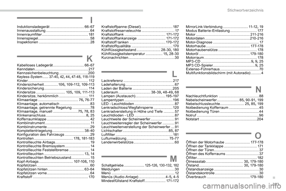 Peugeot Partner 2019  Betriebsanleitung (in German) 221
IInduktionsladegerät .................................. 66- 67
Innenausstattung  ............................................ 64
Innenraumfilter
 

.............................................. 
