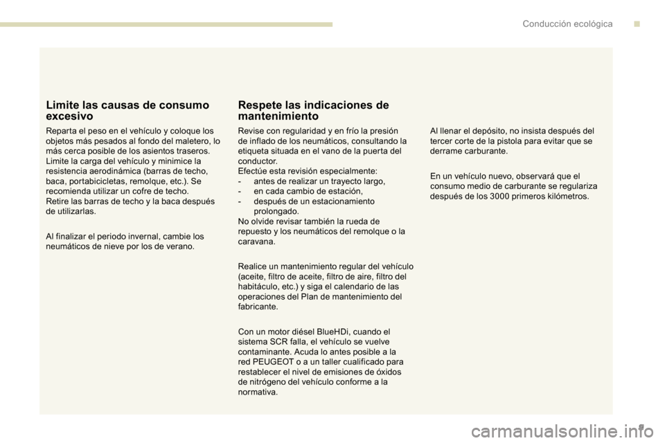 Peugeot Partner 2019  Manual del propietario (in Spanish) 9
Limite las causas de consumo 
excesivo
Reparta el peso en el vehículo y coloque los 
objetos más pesados al fondo del maletero, lo 
más cerca posible de los asientos traseros.
Limite la carga del