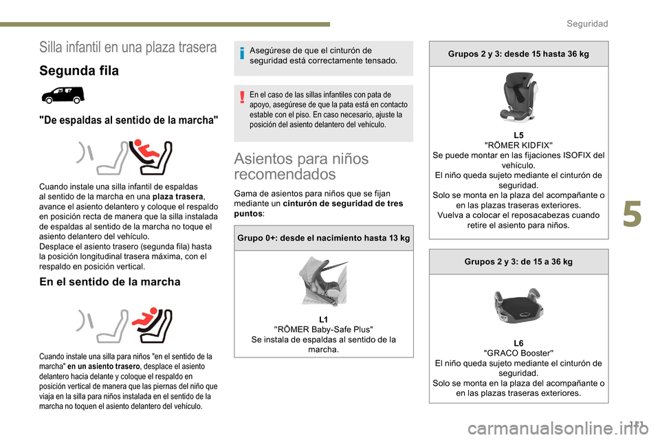 Peugeot Partner 2019 Manual del propietario (in Spanish) 111
Silla infantil en una plaza trasera
Segunda fila
"De espaldas al sentido de la marcha"
En el sentido de la marcha
Asegúrese de que el cinturón de
seguridad está correctamente tensado.
En el ca Peugeot Partner 2019 Manual del propietario (in Spanish) 111
Silla infantil en una plaza trasera
Segunda fila
"De espaldas al sentido de la marcha"
En el sentido de la marcha
Asegúrese de que el cinturón de
seguridad está correctamente tensado.
En el ca