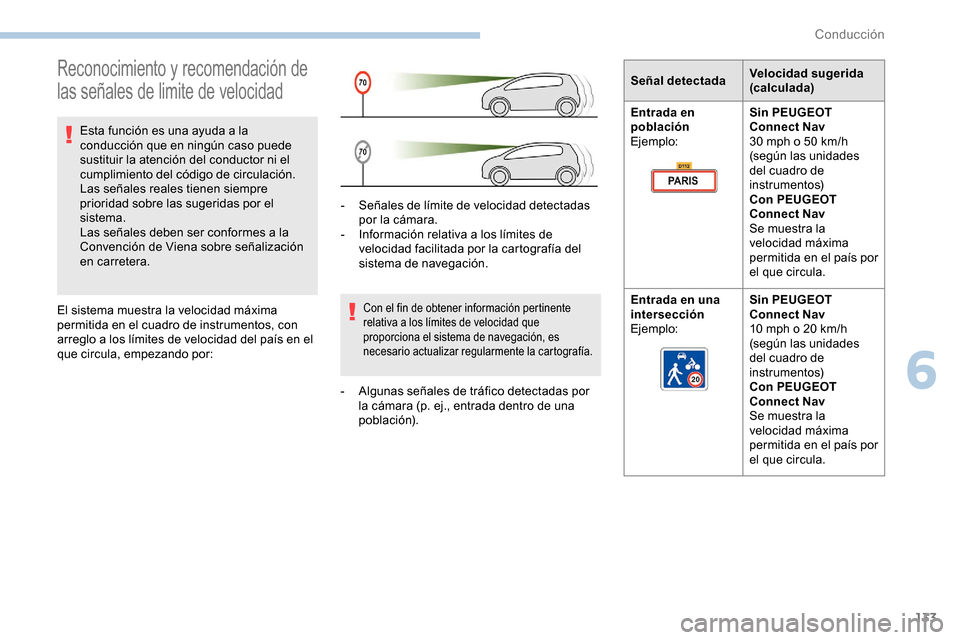 Peugeot Partner 2019 Manual del propietario (in Spanish) 133
Reconocimiento y recomendación de
las señales de limite de velocidad
Esta función es una ayuda a la
conducción que en ningún caso puede
sustituir la atención del conductor ni el
cumplimi Peugeot Partner 2019 Manual del propietario (in Spanish) 133
Reconocimiento y recomendación de
las señales de limite de velocidad
Esta función es una ayuda a la
conducción que en ningún caso puede
sustituir la atención del conductor ni el
cumplimi