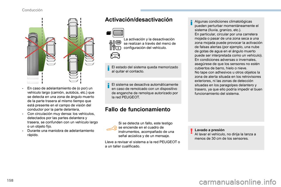 Peugeot Partner 2019  Manual del propietario (in Spanish) 158
Activación/desactivación
La activación y la desactivación 
se realizan a través del menú de 
configuración del vehículo.
El estado del sistema queda memorizado 
al quitar el contacto.
El s