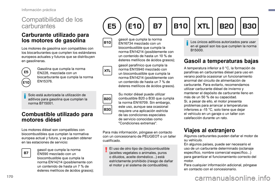 Peugeot Partner 2019 Manual del propietario (in Spanish) 170
Compatibilidad de los
carburantes
Carburante utilizado para
los motores de gasolina
Los motores de gasolina son compatibles con
los biocarburantes que cumplen los estándares
europeos actuale Peugeot Partner 2019 Manual del propietario (in Spanish) 170
Compatibilidad de los
carburantes
Carburante utilizado para
los motores de gasolina
Los motores de gasolina son compatibles con
los biocarburantes que cumplen los estándares
europeos actuale