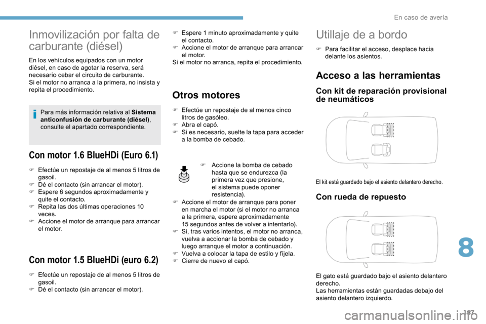 Peugeot Partner 2019 Manual del propietario (in Spanish) 187
Inmovilización por falta de
carburante (diésel)
En los vehículos equipados con un motor
diésel, en caso de agotar la reser va, será
necesario cebar el circuito de carburante.
Si el motor n Peugeot Partner 2019 Manual del propietario (in Spanish) 187
Inmovilización por falta de
carburante (diésel)
En los vehículos equipados con un motor
diésel, en caso de agotar la reser va, será
necesario cebar el circuito de carburante.
Si el motor n